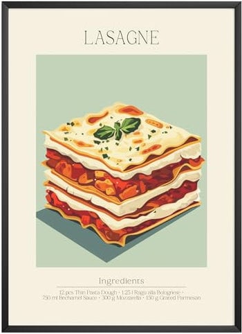 MJ-GRAPHICS - Poster Lasagne - Bild mit Speisen Rezept & Zutaten - Wandbild Din A4 in Galerie Qualität mit extra dickem 300g Posterpapier - Retro Poster FineArt Kunstdruck ohne Bilderrahmen