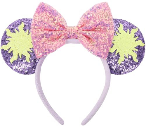 UNKJIN Mouse Ears Headband, Purple Ears Headband with Pink Bow, Sequin Princess Party Decoration Cosplay Costume for Women Girls (Purple Sun)
