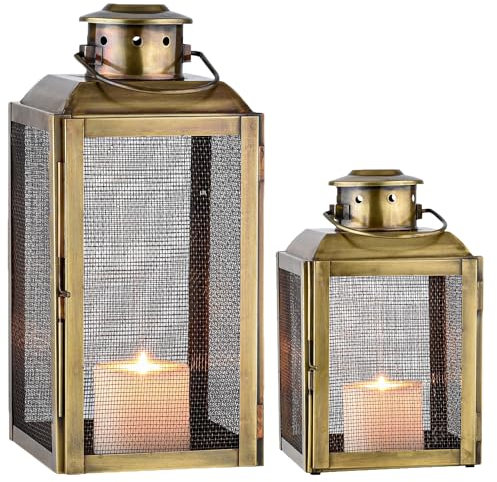 Marrakesch 2er Set Vintage Deko Windlicht Laterne 34cm & 26cm groß antik aus Metall gold | Teelichthalter als Tischdeko Wohnzimmer Deko | Kerzenhalter Taldo als Balkon Terrasse & Garten Aesthetic Deko