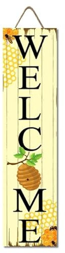 Horienteeon Panneau de porte en bois « Welcome » - 80 x 20 cm - Décoration abeille à suspendre - Décoration d'intérieur et d'extérieur - Décoration de porche verticale rustique