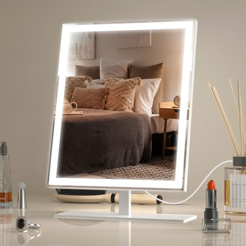 Amdelne Vanity Mirror with Lights, USB-C Plug-in LED Makeup Mirrors with Adapter, 25x34cm Hollywood Light Up Mirror with 3 Colour Modes, 10x Magnifying, Touch Screen Control Mirror for Dressing Table