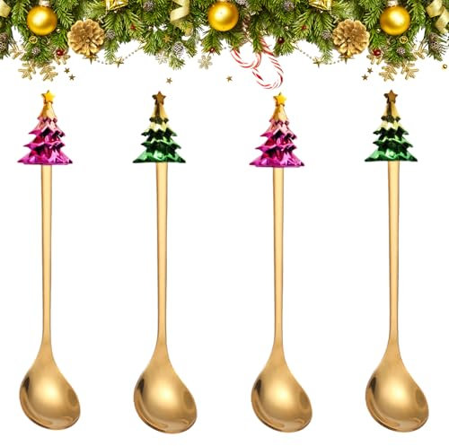 4 Pcs Christmas Coffee Spoons,Stainless Steel Spoon,Christmas Teaspoons with Delicate Gradient Christmas Tree,Xmas Dessert Tea Spoons,Christmas Stirring Spoons for Tea Soup Coffee Dessert (A)