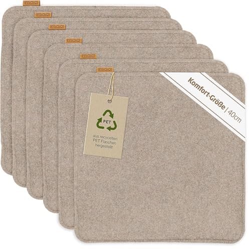 Miqio Design Filz Sitzkissen XL eckig mit Antirutschnoppen | 40cm | 6er-Set | Indoor und Outdoor | Nachhaltig aus recycelten PET Flaschen | Waschbare Stuhlkissen rutschfest | Beige