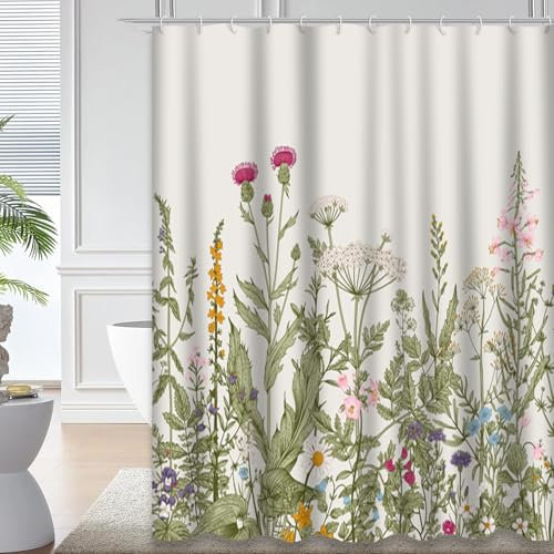 Opulentix Duschvorhang mit Blumenwiese, Blumenbordüre, Kräuter und Wildblumen, botanischer Stil, bunter Duschvorhang für Badezimmer mit 12 Haken, 183 x 183 cm