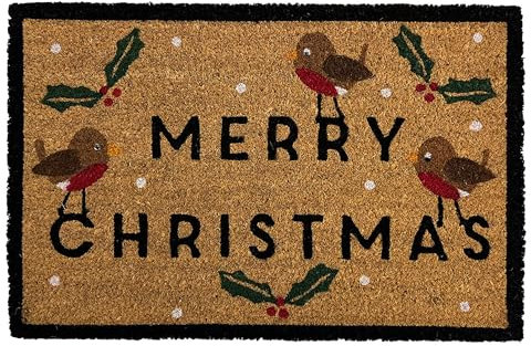 Rugs & More Premium Seasonal Coir Doormats Outdoor - Robust Coconut Fibre Door Mat for Front or Back Entrance - Multiple Styles for Welcoming Home Decor (40 x 60 cm - Merry Christmas Robins)