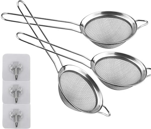 Lot de 3 mini passoires à mailles fines de 8 cm en acier inoxydable - Passoire de cuisine - Petite passoire à thé - Parfait pour tamiser, égoutter, égoutter, tamiser les ingrédients secs, la farine,