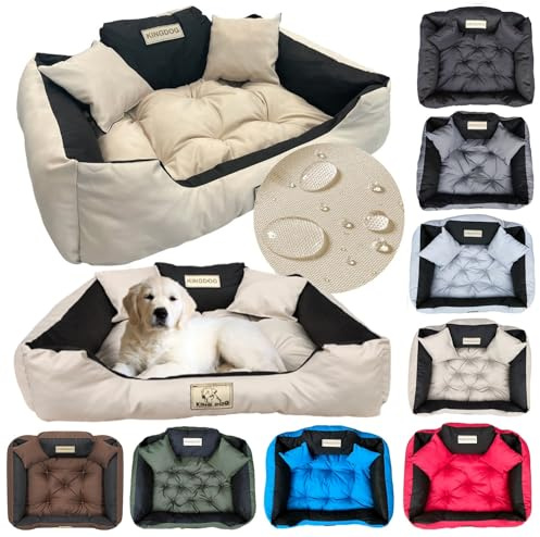 KING DOG Hundebett Sehr Grosse Hunde Waschbar XXL 130 x 105 cm Hundekissen Haustierbett Hundekorb Personalisiert - Name des Hundes Wasserdichtes Material Silikon Füllung Beige