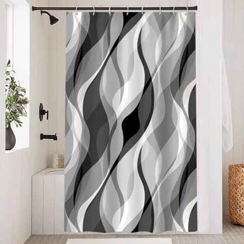 Uiiooazy Rideau Douche Anti Moisissure, Rideau de Douche Gris Clair Abstrait Rayure Noir Rayé Rideaux de Baignoire Tissu Imperméable Polyester Lavable Rideaux Salle de Bain avec 8 Crochets 120x200cm