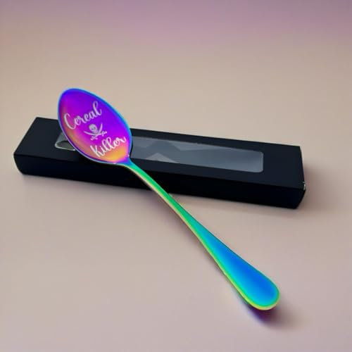 Engraved Tablespoon (18.5cm) – “Cereal Killer” – Laser Engraved Stainless Steel Spoon – Gift Box Included – Fun Gift for Cereal & Food Lovers – Available in Silver or Rainbow (Rainbow)