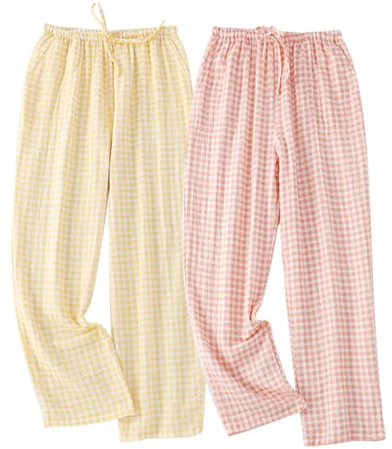 STMAHER 2-Pack Frauen Baumwolle Pyjama Bottoms Leichte Schlaf-Lounge Hosen Plaid Nachtwäsche Lange Pj Hosen Mit Tasche