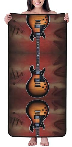 PHAYAH Badetuch, Motiv: Rockgitarre, saugfähig, Korallen-Fleece, für Hotel, Yoga, Fitnessstudio, Dusche, Spa, Badetuch, 68 x 140 cm, schwarzer Saum