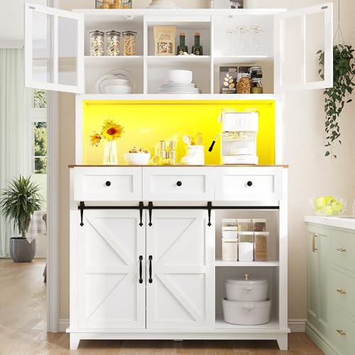 LAKFEW Küchenschrank mit Arbeitsplatte und LED-Beleuchtung, Buffetschrank Küchenschränke mit Verstellbaren Ablagen, Küchenbuffet mit 2 Türen und 3 Schubladen, Küchenmöbel, 105x38.4x180 cm, Weiß