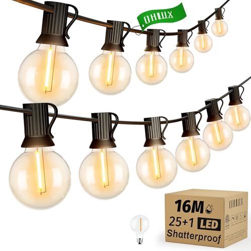 OHLUX LED-belysningskedjor Utomhus 55FT/16 m med 25 lampor, Varmvita Plastkul-lampor G40 2200K, Justerbara, Våtbeskyddade, Kopplingsbara för Trädgård, Patio, Veranda, E12-sockel