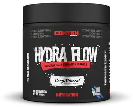 Conteh Sports Hydra Flow Premium Daily Electrolyte & Rapid Hydration Powder with CocoMineral®, Vitamins & Minerals for Post-Workout & Daily Use, 60 Servings (300g, Blue Bon Bons)