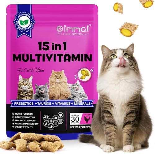 Cat Multivitamin, 15-IN-1Multivitamins for Cats, With Prebiotics, Taurine, Vitamins & Minerals, Support for Natural Immunity, Skin, Coat, Muscles & Joints for All Ages
