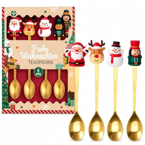MIJOMA Kaffeelöffel Weihnachten 4-teilig – festliche Motivlöffel mit Rentier, Schneemann & Co. – Edelstahl Gold – XMAS Geschenkset