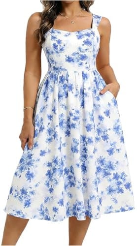 Belle Poque Damen Sommerkleid Blumen Print Midi Kleid Eckiger Ausschnitt Ärmellos A Line Sommerkleid Mit Taschen