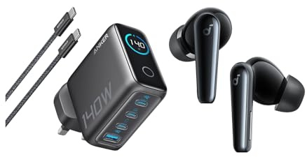 Anker 140W USB C Charger with soundcore Liberty 5 buds, Anker Laptop Charger, 4-Port Multi-Device Fast Charging, Noise-Cancelling Wireless Earbuds, 2x Stronger Voice Reduction