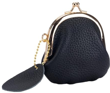 FerneeButy Porte-Monnaie Vintage Kiss Lock - Portefeuille Compact en Cuir avec Fermoir Métallique pour Hommes et Femmes, Voyage, Écouteurs- Noir