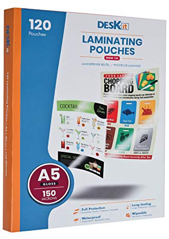 Deskit A5 Laminating Pouches, Gloss, 120 Sheets, 150 Microns- Clear and Durable Presentations - Handy Size with Ideal Rigidity for Everyday Use.