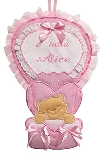 FIOCCO NASCITA COCCARDA MONGOLFIERA CON TELA AIDA PERSONALIZZATO CON IL NOME DELLA TUA BIMBA ROSA Lavorato del tutto a mano