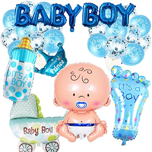 Oumezon Babyparty Deko Junge, Baby Shower Party Deko - Baby Boy Ballon Banner, Aluminiumfolienballon (Mädchen + Milchflasche+ Kinderwagen + Kronenballon + Fuß),Konfettiballon + Latexballon