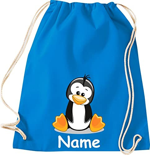 Shirtinstyle Turnbeutel Tiere Pinguin mit Wunschnamen, Beutel Tasche Hort Kita, Farbe Sapphire