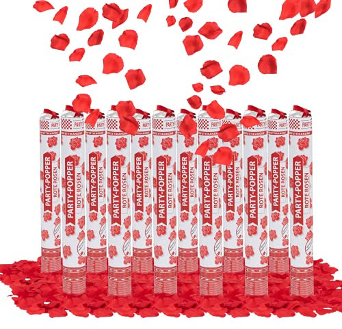 Party Factory 12er Set Party Popper, 40 cm, Rote Rosen Konfetti, bis 8 m Effekthöhe, Konfettiregen für Hochzeit, Valentinstag oder Junggesellenabschied