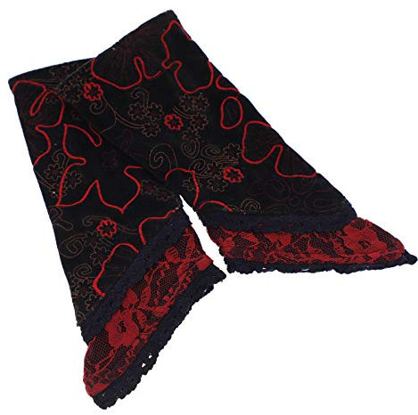 Kunst und Magie Damen Samt Armstulpen Stulpen Handwärmer Handschuhe mit Spitze, Farbe:Schwarz/Rot