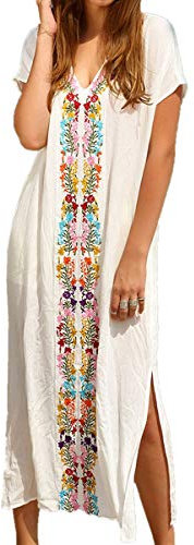 YouKD Summer Cotton Embroidered Floral Loose Caftan Boho Beach Bikini Cover Up Dress Plus Size Robe for Women