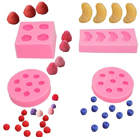 Lot de 4 moules à gelée en silicone 3D en forme de fraise, orange, framboise et myrtille pour savon, cire, bonbons, décoration de gâteau