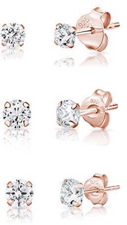 DTPsilver® 3 PAIRES lot boucles d'oreilles femme argent 925 - MINI et Petits Clous Puces Plaqué Or Rose et Oxyde de Zirconium Ronds - Diamètre: 3, 4, 5 mm - Blanc/Clair CZ