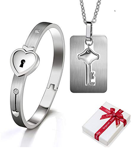 2 Stück Armreif mit Schloss & Anhänger Kette Schlüssel Set für Paare,Edelstahl Herz Sperren Armband Armbänder,Schmuck Damen Herren Halskette ketten für Pärchen Couple Partner Freundschaft BFF Geschenk