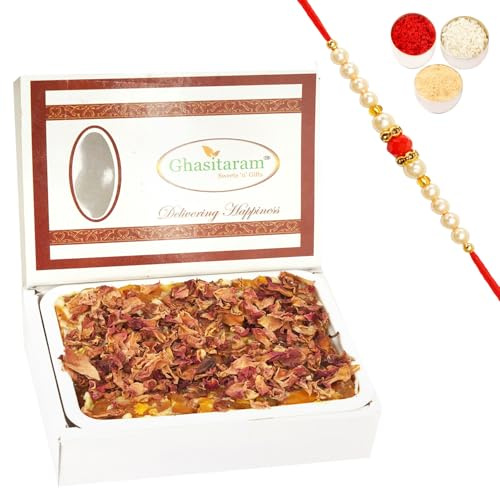 Ghasitaram Gifts Rakhi Gifts for Brothers Rakhi Sweets - Mango Chocolate Rose Petal Mithai Cake with Beads Rakhi