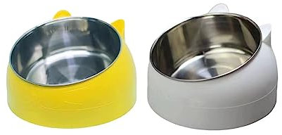 2 Pack Stainless Steel Pet Cat Bowl, Cat Food Bowl, Cat Water Bowl (200 ml, yellow+white)