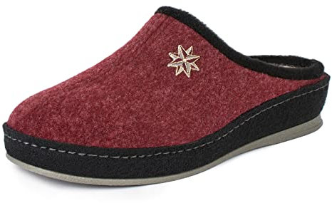 SCHAWOS Damen Filz Hausschuh Lisa warm gefüttert Schurwolle mit Fußbett feste Sohle rutschhemmend (38 EU, Bordeaux, Numeric_38)