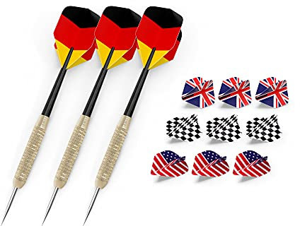 Stagecaptain Steeldart-Pfeile-Set für Sisal, Papier und Kork Dartscheiben - Set mit 3 Dartpfeilen und 12 Flights in klassischen Designs wie Deutschland, Großbritannien, USA, Checkered Flag