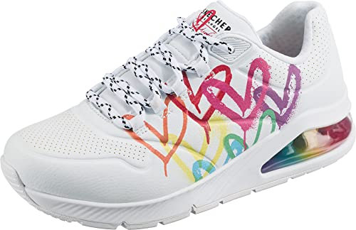Skechers Damen UNO 2 Floating Love Sneaker, Wht Duraleather Multi Color Heart Print Trim, 37.5 EU