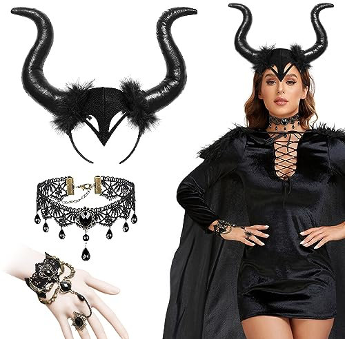 Wishstar 3 pcs Halloween Königin Hörner Kopfbedeckung，hörner Kopfschmuck Gothic Spitze Halskette Armbänder Schwarz Set，teufelshörner schwarz Cosplay，für Karneval Cosplay Maskerade Halloween