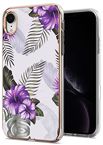 CrazyLemon Blumen Hülle für iPhone X/XS, Aesthetic Lila Blume mit Laub Design Weich Silikon Ultra Dünn Schutzhülle Handyhülle Stoßfest Anti Gelb Purple Flowers Soft Silicone Full Cover Case - 10