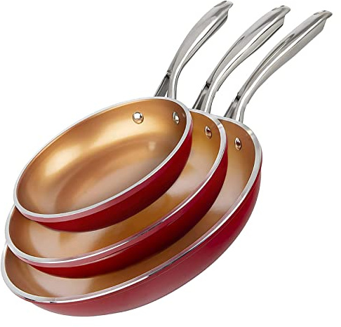 GOTHAM STEEL Frying Pan Set, 3 Piece Nonstick Copper Fry Pans Set, 8”, 10” & 12” Nonstick Frying Pans, Nonstick Skillet Set, Omelet Pan, Cookware, PFOA Free, Dishwasher Safe, Cool Touch Handle - RED
