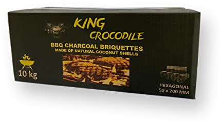 King Crocodile Kokosnuss Kohle mit Langer Brenndauer I Grillkohle Hexagonal I wenig Asche I geringe Rauchentwicklung I Nachhaltige Naturkohle I Kohle Stangen in Profi Qualität I 10kg