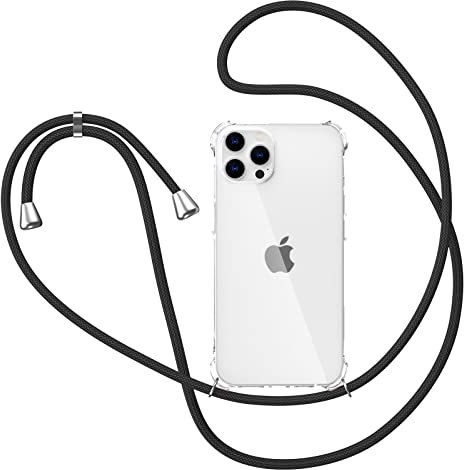 XTCASE Funda para iPhone 14 Pro MAX con Cuerda, Carcasa Transparente Suave TPU Silicona Case con Colgante Correa Ajustable Colgar Collar Correa de Cuello Cadena Cordón, Negro