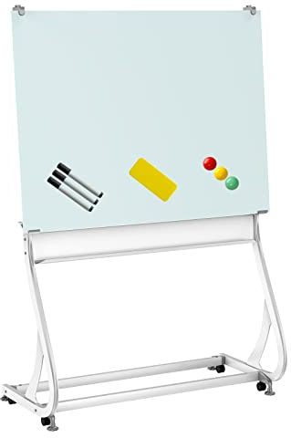 JOMUSAGA Tableau Blanc en Verre avec Support Mobile en Forme de S, Tableau Blanc Magnétique, Écriture Stable, Sans Secousse, Approprié Pour le Bureau, la Formation et le Domicile 90 x 120 cm