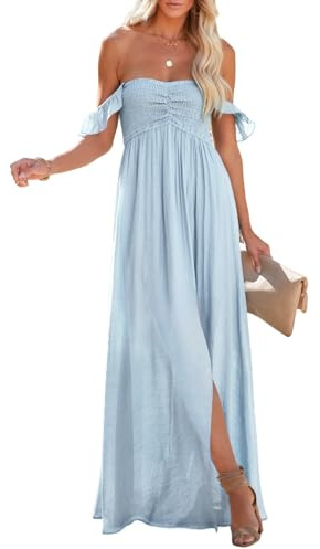 Happy Sailed Off The Shoulder Dresses for Women Summer Casual Strapless A Line Swing Sundress Smocked Maxi Long Dress with Slit Sky Blue Large