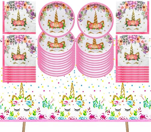 DecPtyTa Vajilla Cumpleaños unicornio,Decoracion Cumpleaños unicornio,Platos Manteles Servilleta,Adecuado para 20 personas (C)