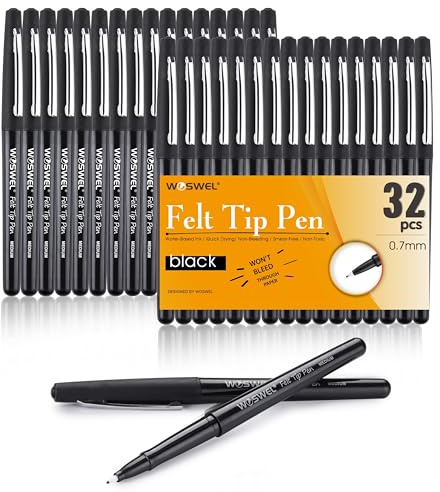 WOSWEL Black Felt Tip Pens, 32 Black 0.7mm Medium Point Felt Tip Markers Pen for Journaling, Note Taking, Planner, Writing,Drawing.Perfect for Art Office and School Supplies