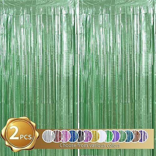 BEISHIDA 2 Pcs Light Green Door Streamers Tinsel Curtain Party Backdrop Fringe Foil Wall Background for Birthday Halloween Christmas Wedding Boys Babyshower Party Decoration(3.28 ft x 6.56 ft)