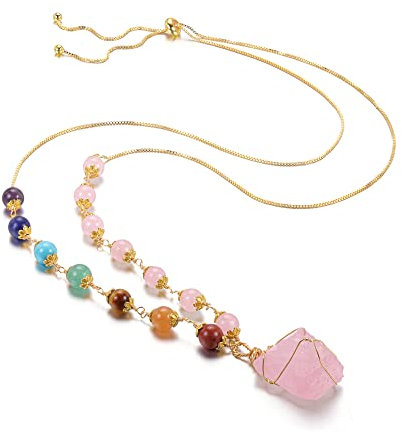 GEHECRST Rohstein Anhänger Halskette 7 Chakra Kette Wire Wrap Kristall Rohstein Anhänger mit Kette Heilung Edelstein Kettenanhänger Liebe Schmuck Herzförmige Amulett (Rosenquarz)