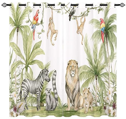 YUANZU Afrikanische Tier Vorhänge Safari Dschungel Löwe Zebra Affen Papageien Palmen Blumen Ösen Gardinen mit Blickdichte Vorhang Blackout Curtain Kinderzimmer Schlafzimmer 2 Stück, H 137 x B 132 cm